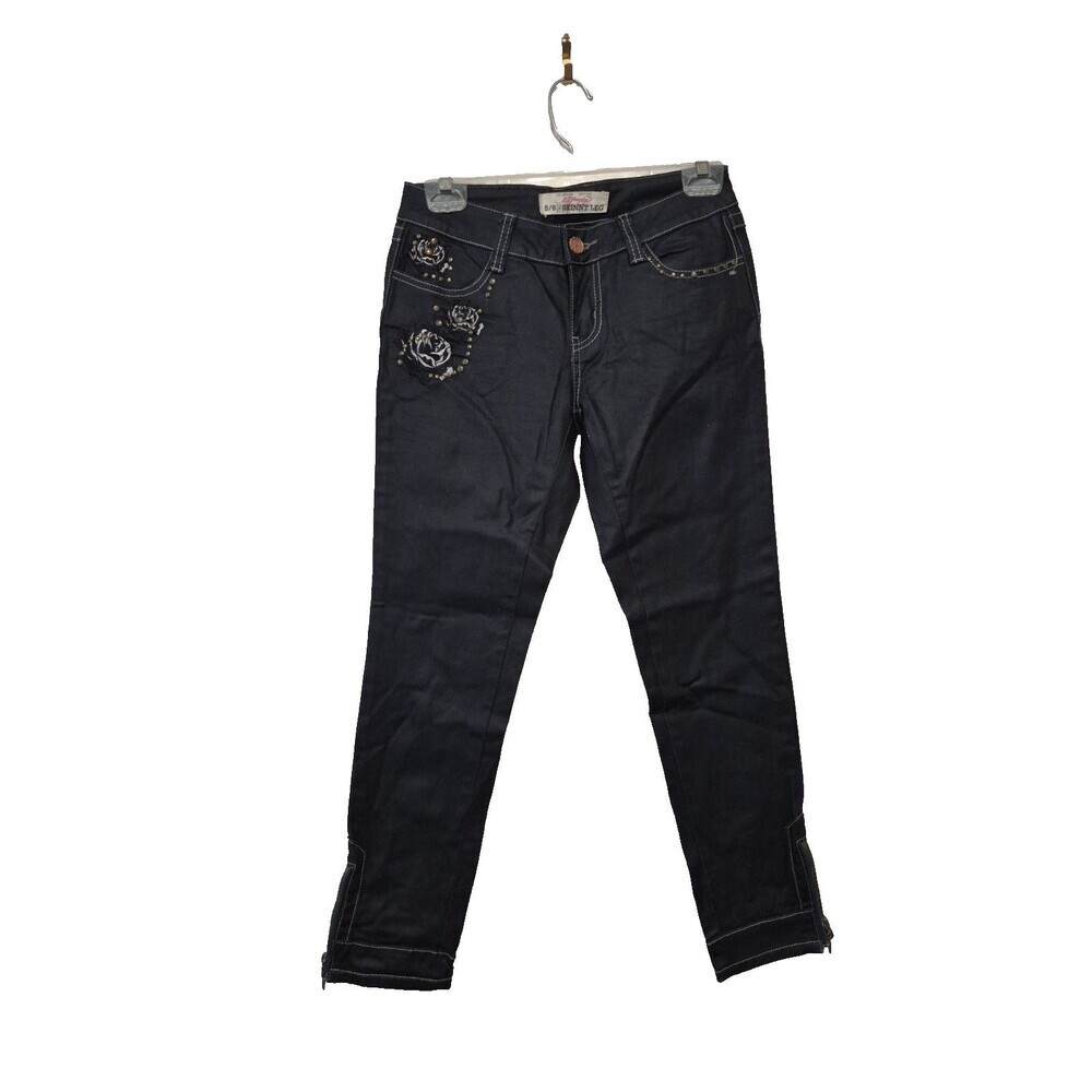 Ed Hardy Junior Sz 5/6 Jeans Dark Wash Rose Embroidered Studded Skinny Leg